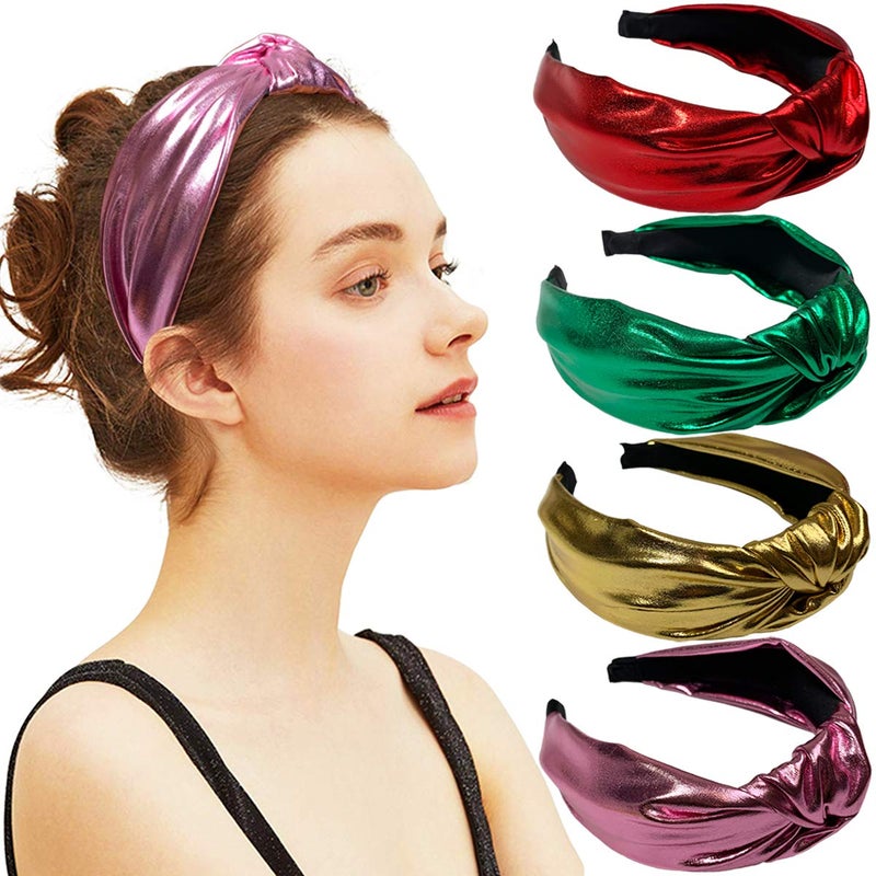 BETITETO Glitter Knotted Headbands 4 Pack Vintage Shiny Metallic Wide Hair Bands Hoops for Women Girls (Gold + Green + Pink + Red) - Image 1